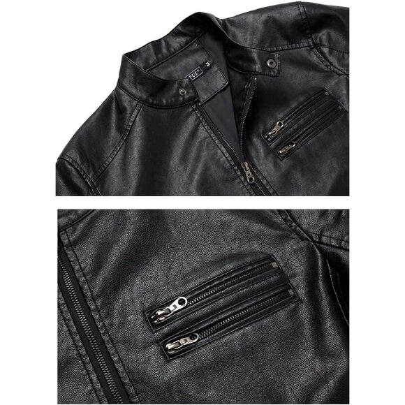 Brand New Men's Black 1304 Leather Stand Collar Moto Biker Lightweight Jacket - Picture 3 of 6